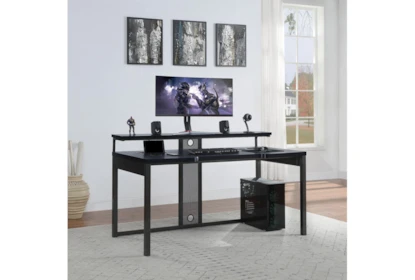 Black Gaming Desk with LED Lights, 55 Computer Desk with Hutch