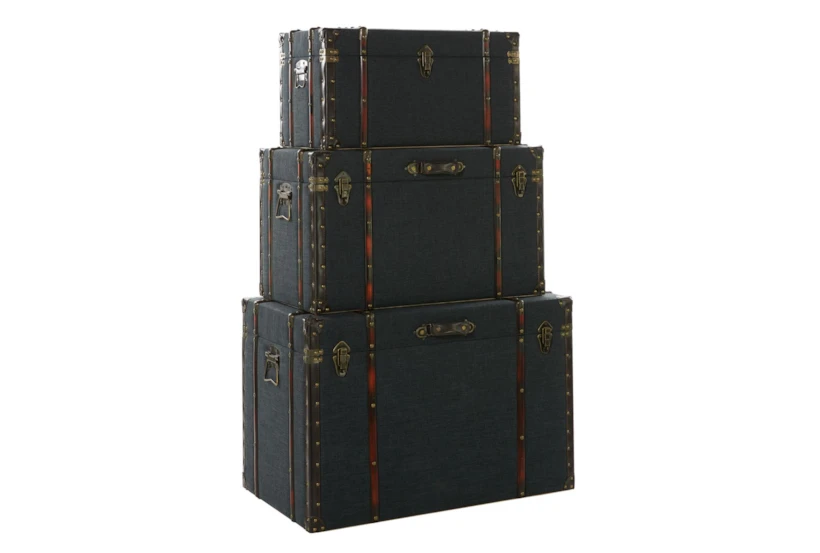 Blue Wood Trunk Set Of 3 - 360