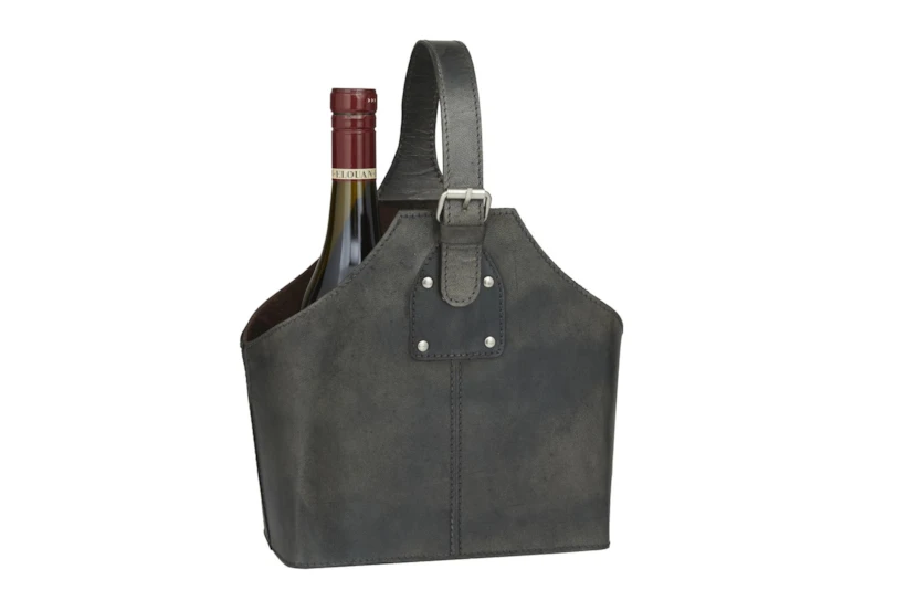 13" Dark Grey Leather 2 Bottle Wine Carrying Basket - 360