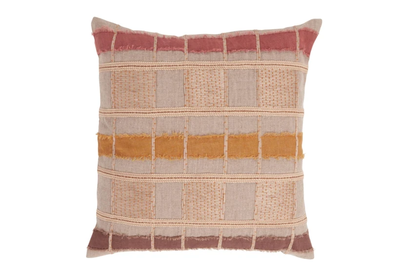 22X22 Red Natural Multi Linen Stripes Throw Pillow - 360
