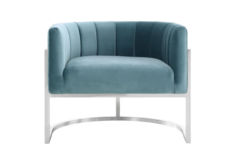 Deanna Sea Blue Velvet Fabric Accent Barrel Arm Chair with Silver Base - 360