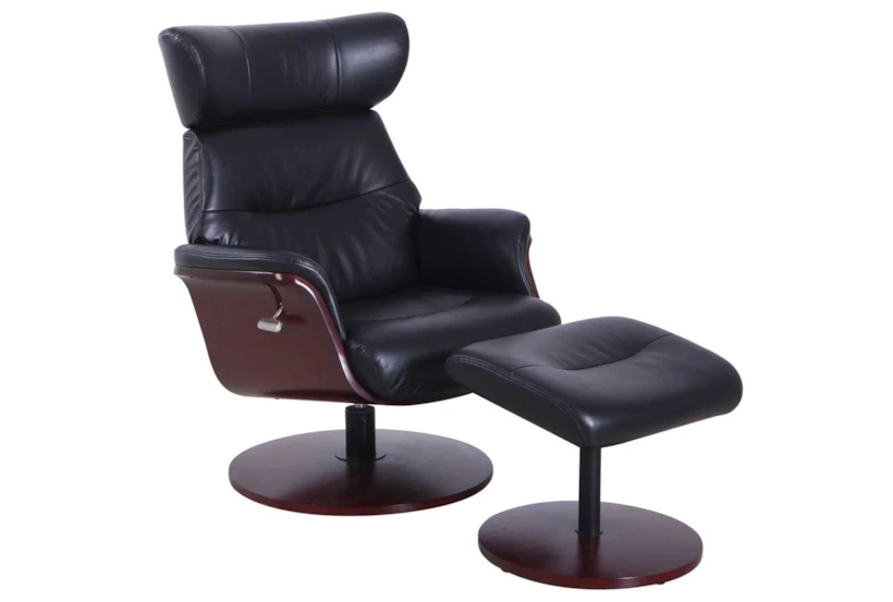 Algot Black Faux Leather Reclining Swivel Arm Chair And Ottoman - 360