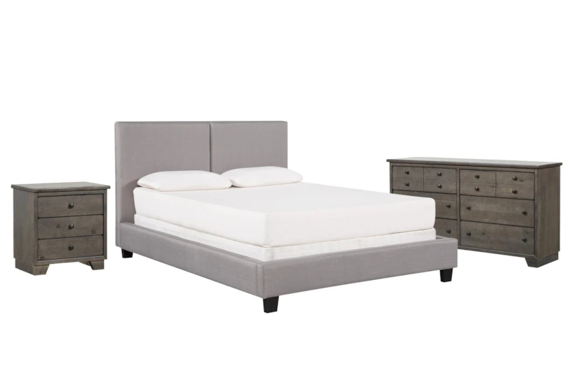 Rylee Grey California King Upholstered Panel 3 Piece Bedroom Set With Marco Charcoal Dresser + Nightstand - 360