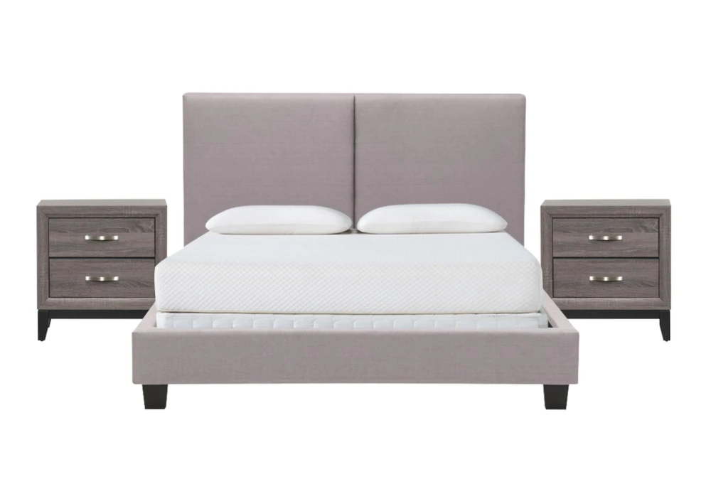 Rylee Grey King Upholstered Panel 3 Piece Bedroom Set With 2 Finley Nightstands