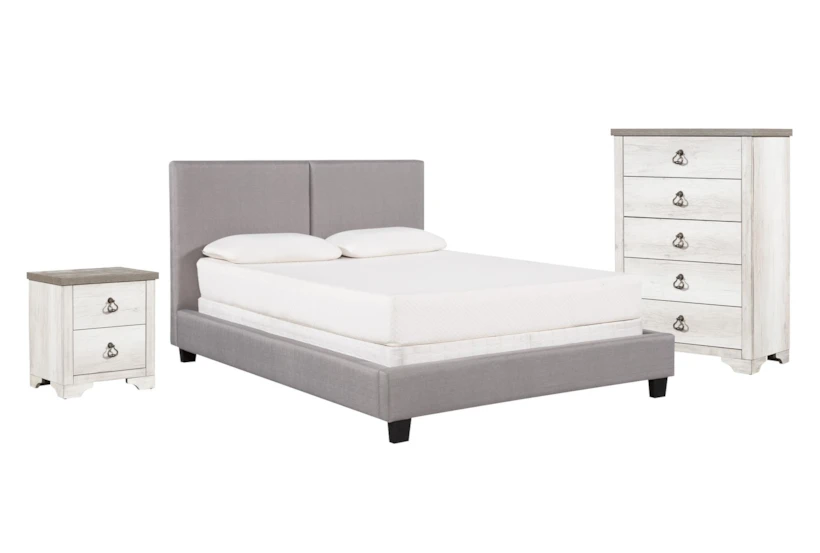 Rylee Grey King Upholstered Panel 3 Piece Bedroom Set With Cassie Chest Of Drawers + Nightstand - 360
