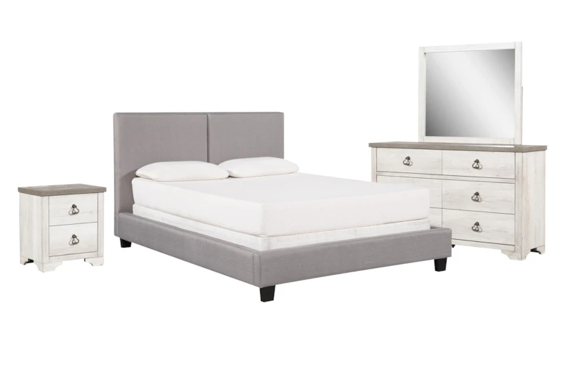 Rylee Grey King Upholstered Panel 4 Piece Bedroom Set With Cassie Dresser, Mirror + Nightstand - 360