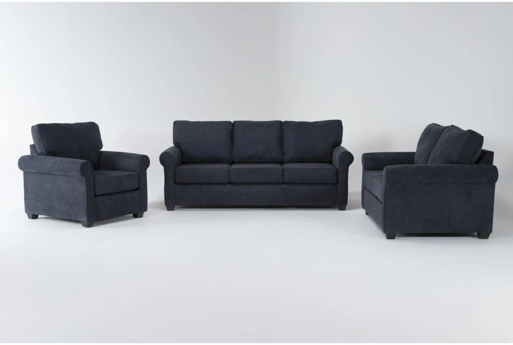 Athos Midnight Blue Fabric 3 Piece Sofa, Loveseat & Arm Chair Set