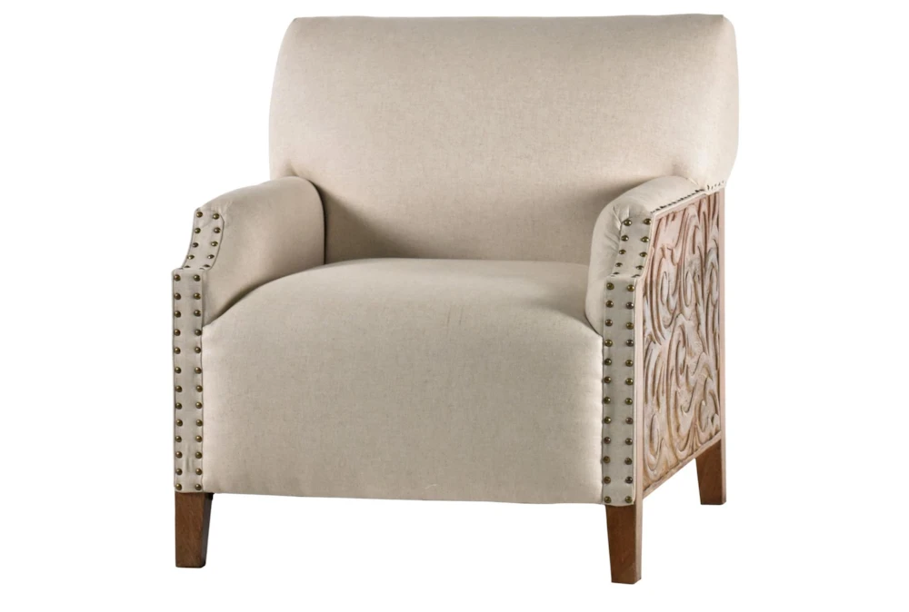 Carved Wood + Fabric Accent Chair With Nailhead Trim
