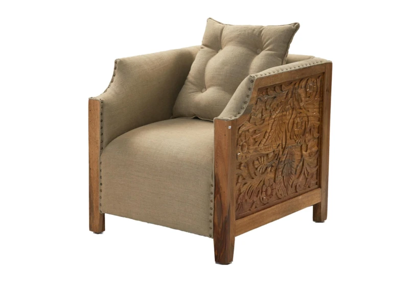 Hand Carved Wood + Fabric Accent Chair With Pillow - 360