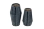 11", 8" Navy Ceramic Herringbone Pattern Vases Set Of 2 - Front