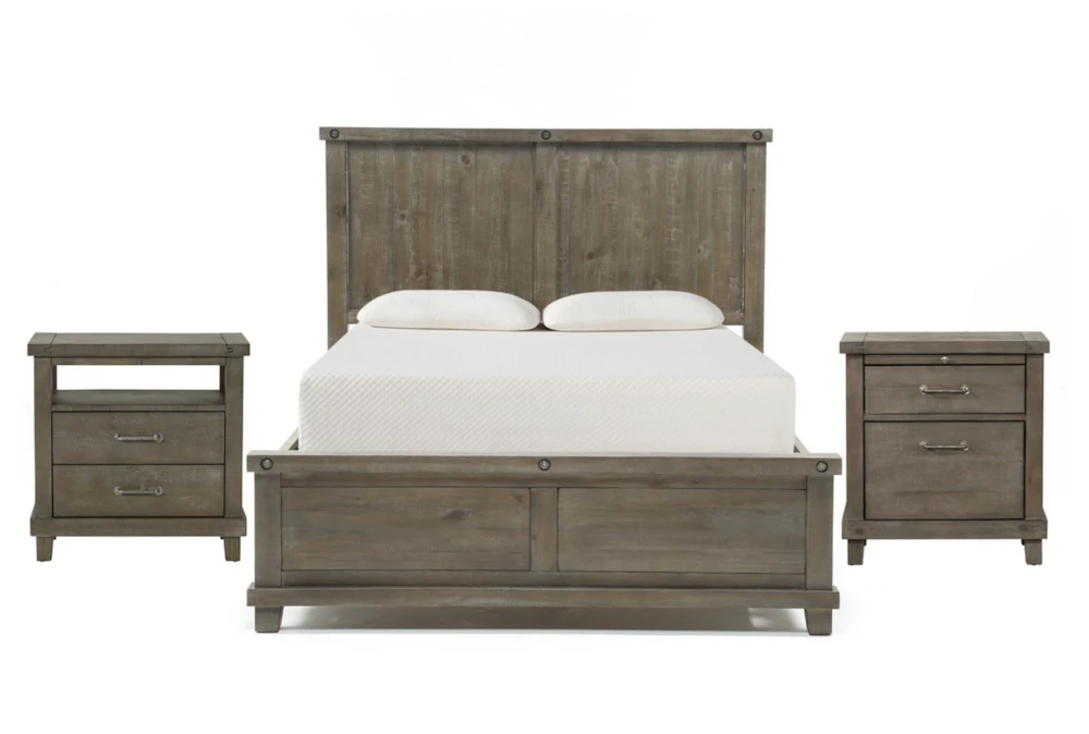 Jaxon Grey Full Wood 3 Piece Bedroom Set With Nightstand & Open Nightstand