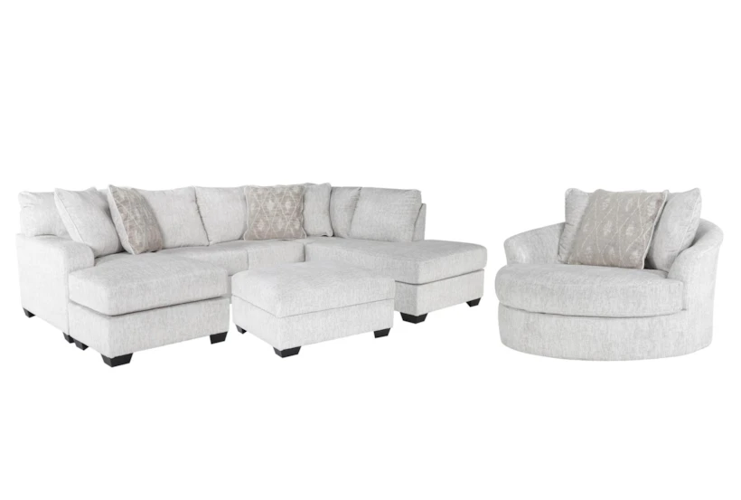 Cambrie Fuzzy White Fabric 2 Piece Dual Chaise U-Shaped Sectional with Right Arm Facing Corner Chaise, Swivel Cuddler & Ottoman - 360