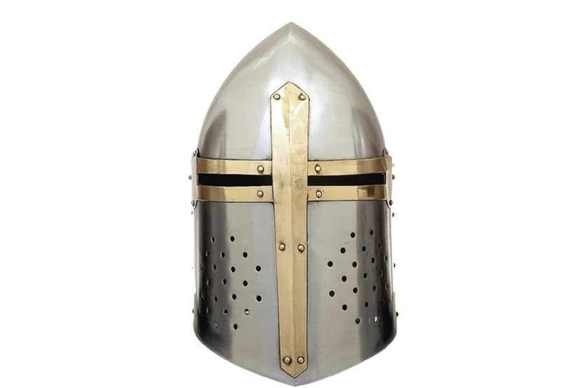 13 Inch Silver Metal Medieval Knight Crusader Helmet With Black Wood Stand - 360