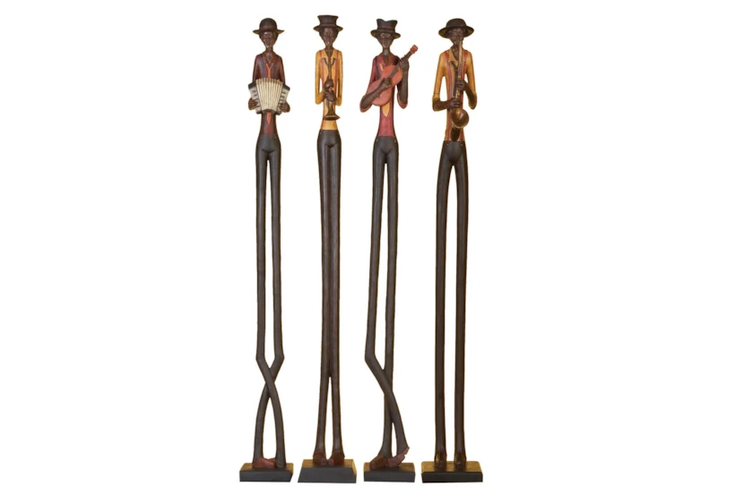40 Inch Brown Polystone Tall Long Legged Jazz Band Musician Sculpture With Black Base Stand Set Of 4 - 360