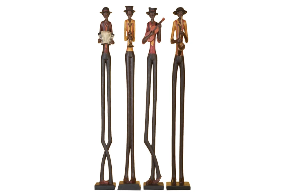 40 Inch Brown Polystone Tall Long Legged Jazz Band Musician Sculpture With Black Base Stand Set Of 4