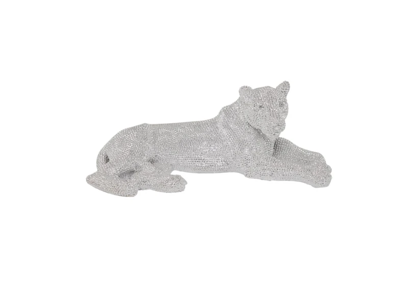 39 Inch Silver Polystone Glam Leopard Sculpture With Carved Faceted Diamond Exterior - 360