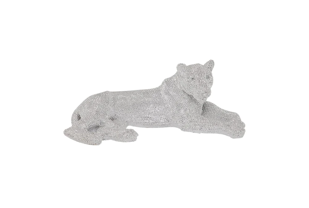 39 Inch Silver Polystone Glam Leopard Sculpture With Carved Faceted Diamond Exterior