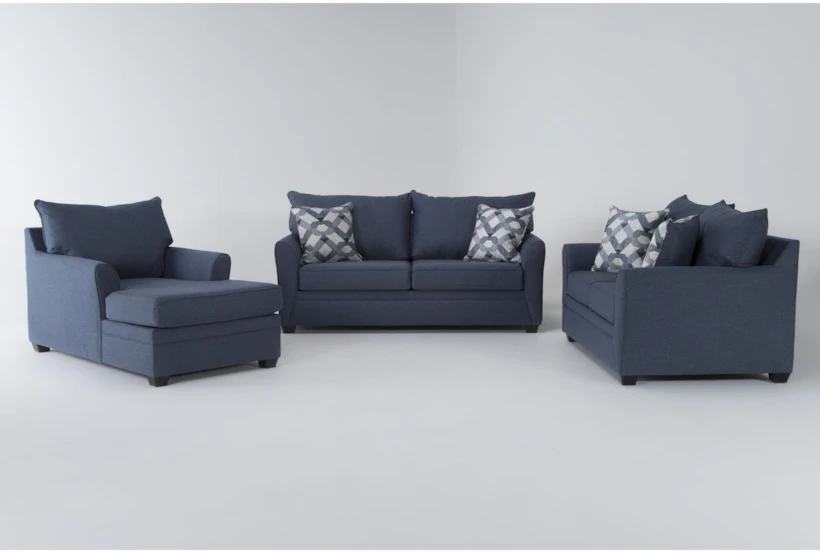 Jaylen Indigo Blue Fabric 3 Piece 74" Sofa, Loveseat & Chaise Set - 360