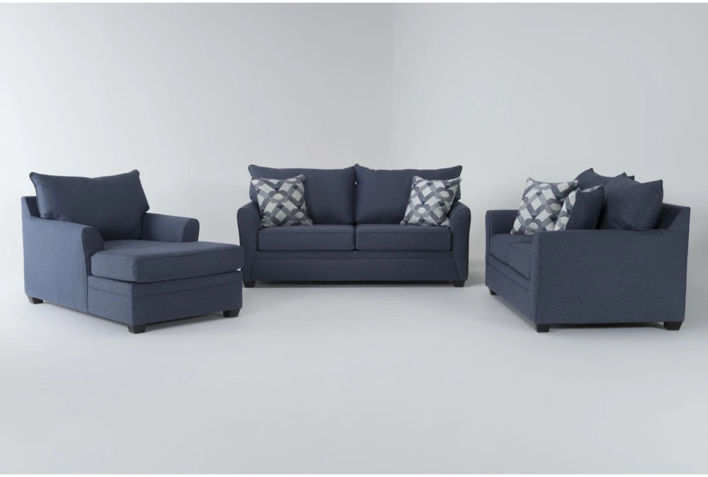 Jaylen Indigo Blue Fabric 3 Piece 74" Sofa, Loveseat & Chaise Set