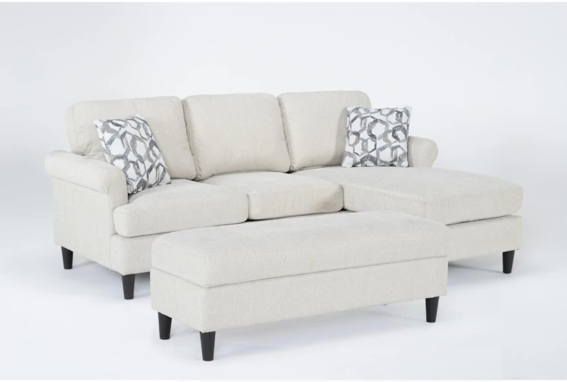 Emery Chiffon White Fabric Sofa with Reversible Chaise & Storage Ottoman - 360