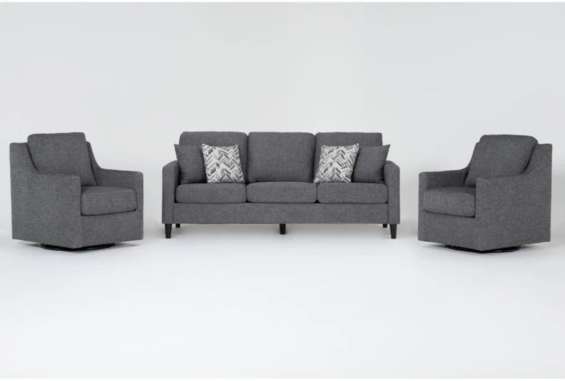 Stark Dark Grey Fabric Sofa & 2 Dark Grey Fabric Swivel Arm Chairs - 360
