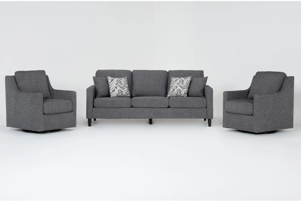 Stark Dark Grey Fabric Sofa & 2 Dark Grey Fabric Swivel Arm Chairs