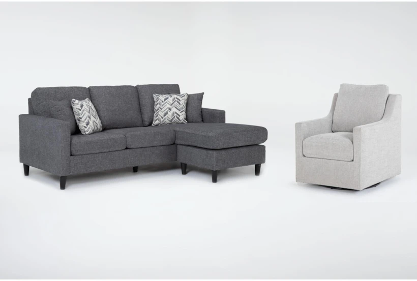 Stark Dark Grey Fabric Sofa with Reversible Chaise & Light Grey Fabric Swivel Arm Chair - 360