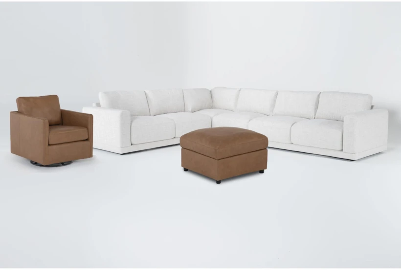 Dreanna White 4 Piece L-Shaped Sectional with Leather Swivel Chair & Leather Ottoman - 360