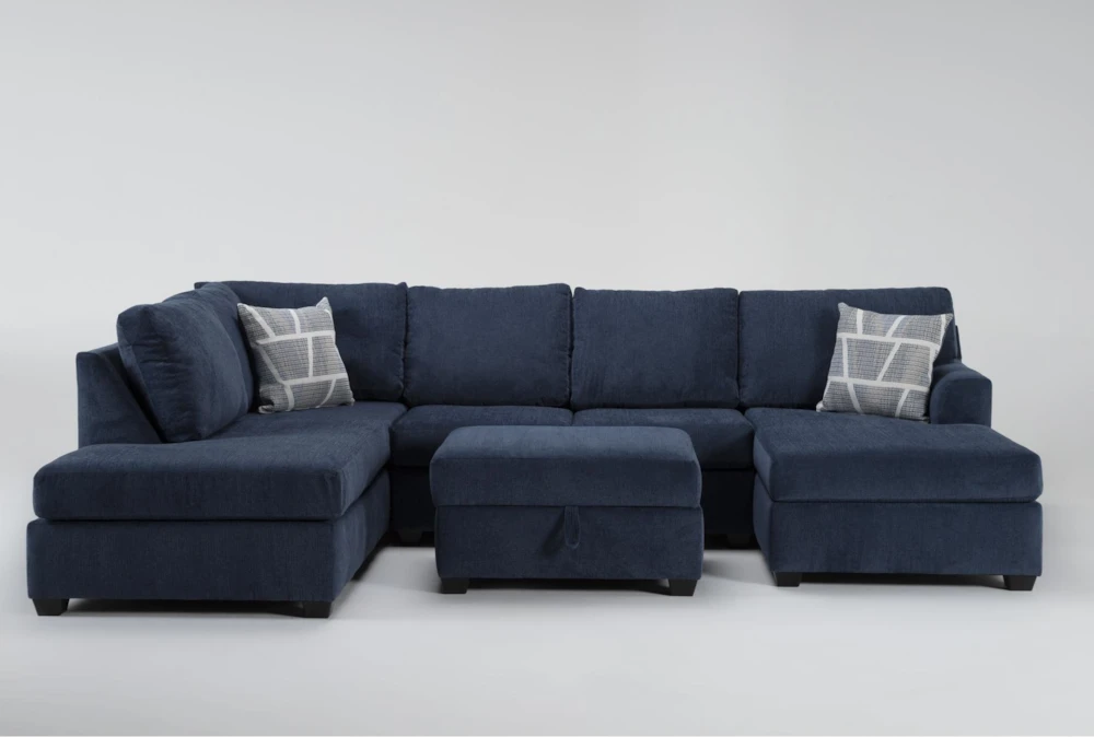 Colby Navy Blue Fabric 128" 3 Piece U-Shaped Sectional with Right Arm Facing Chaise & Left Arm Facing Corner Chaise & Storage Ottoman