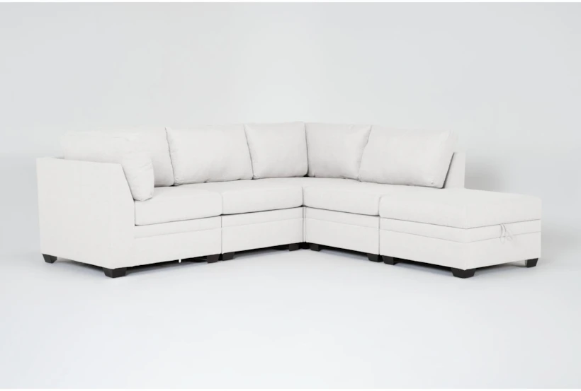 Solimar Sand White Fabric 5 Piece Modular L-Shaped Sectional with 2 Corners, 2 Armless Chairs & Storage Ottoman - 360