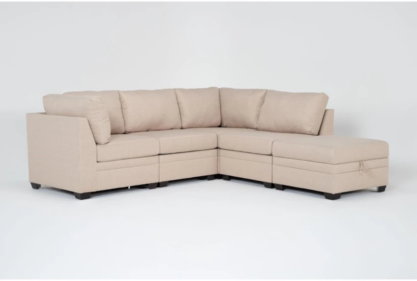 Solimar Flax Beige Fabric 5 Piece Modular L-Shaped Sectional with 2 Corners, 2 Armless Chairs & Storage Ottoman - 360