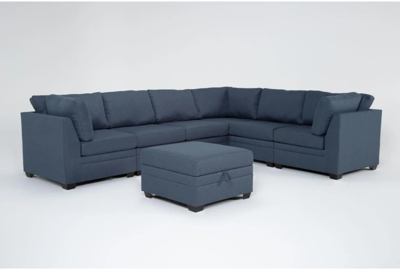 Solimar Denim Blue Fabric 7 Piece Modular L-Shaped Sectional with 3 Corners, 3 Armless Chairs & Storage Ottoman - 360