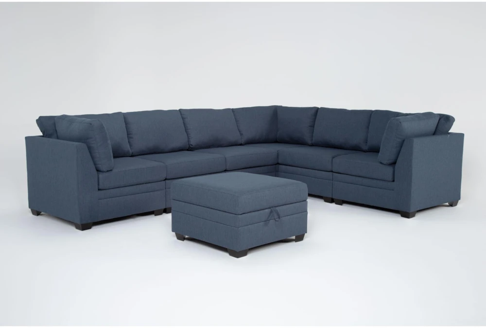 Solimar Denim Blue Fabric 7 Piece Modular L-Shaped Sectional with 3 Corners, 3 Armless Chairs & Storage Ottoman