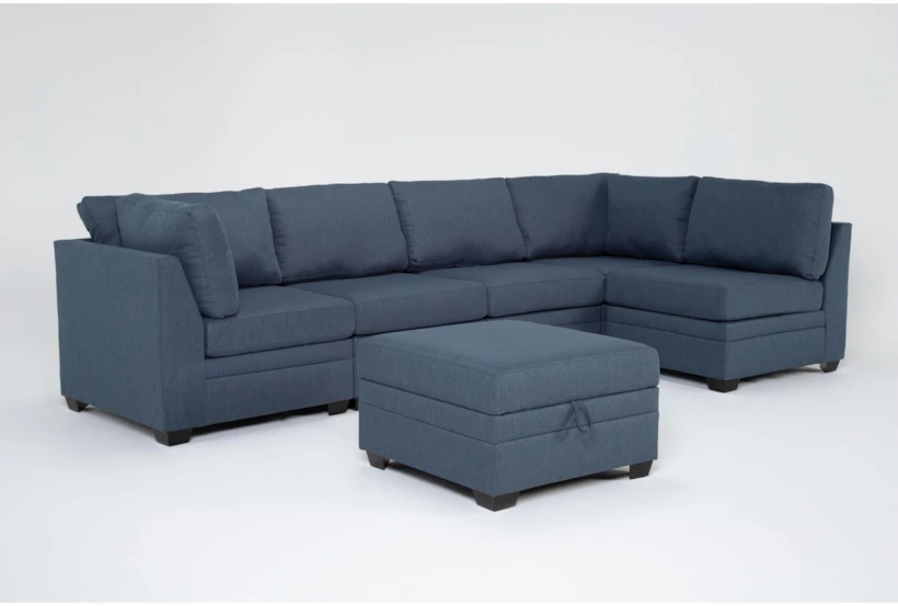 Solimar Denim Blue Fabric 6 Piece Modular L-Shaped Sectional with 2 Corners, 3 Armless Chairs & Storage Ottoman - 360