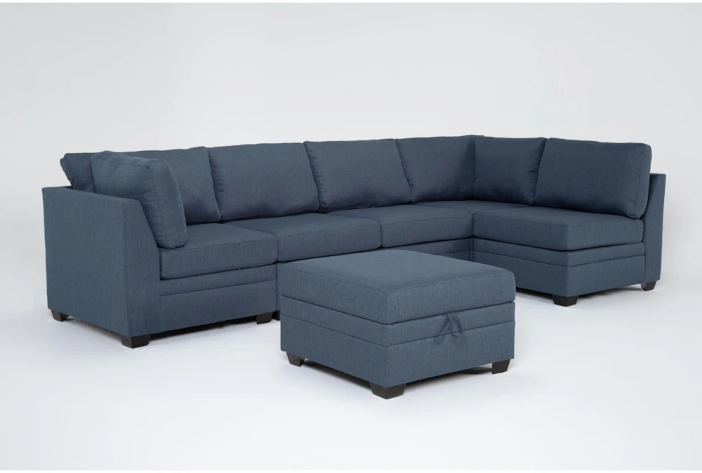 Solimar Denim Blue Fabric 6 Piece Modular L-Shaped Sectional with 2 Corners, 3 Armless Chairs & Storage Ottoman