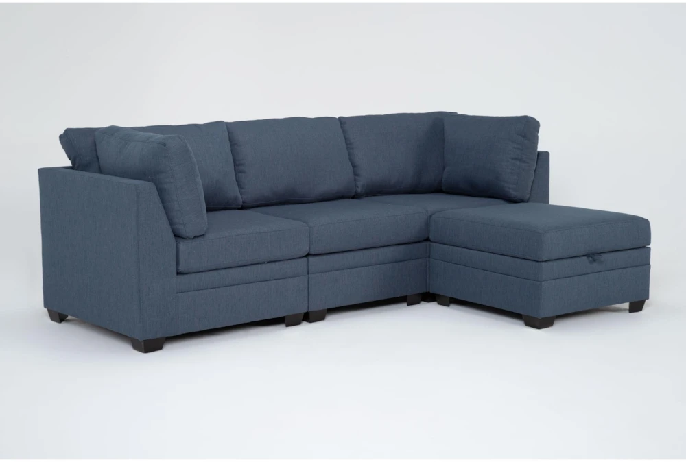 Solimar Denim Blue Fabric 4 Piece Modular Sofa & Storage Ottoman