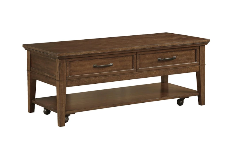 Leanor Brown Rectangle Coffee Table With Wheels + Storage Drawers - 360