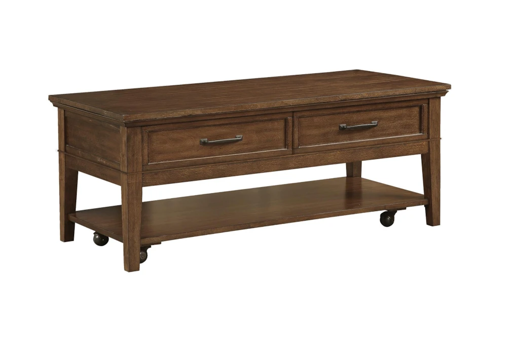 Leanor Brown Rectangle Coffee Table With Wheels + Storage Drawers