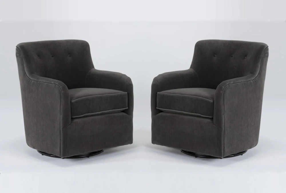 Katrina Velvet Grey Fabric Swivel Glider Arm Chairs, Set of 2