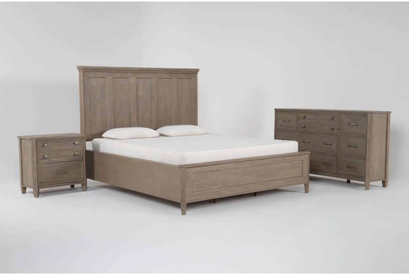 Cambria Grey Wood 3 Piece King Panel Bedroom Set With Dresser & Nightstand - 360