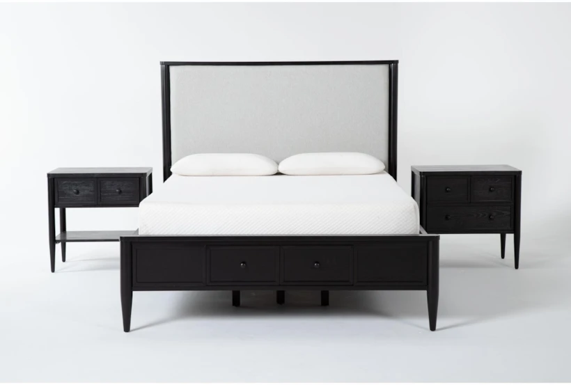 Austen Black California King Footboard Storage Wood & Upholstered Panel 3 Piece Bedroom Set With 1-Drawer & 3-Drawer Nightstands - 360