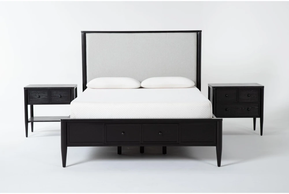 Austen Black California King Footboard Storage Wood & Upholstered Panel 3 Piece Bedroom Set With 1-Drawer & 3-Drawer Nightstands