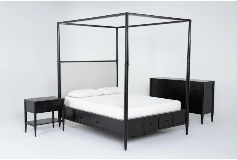 Austen Black Queen Side & Footboard Storage Wood & Upholstered Canopy 3 Piece Bedroom Set With 7-Drawer Dresser & 1-Drawer Nightstand - 360