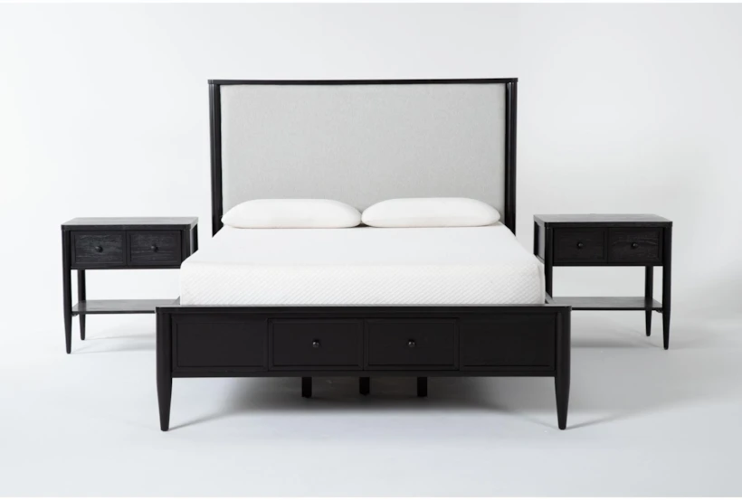 Austen Black California King Footboard Storage Wood & Upholstered Panel 3 Piece Bedroom Set With 2 1-Drawer Nightstands - 360