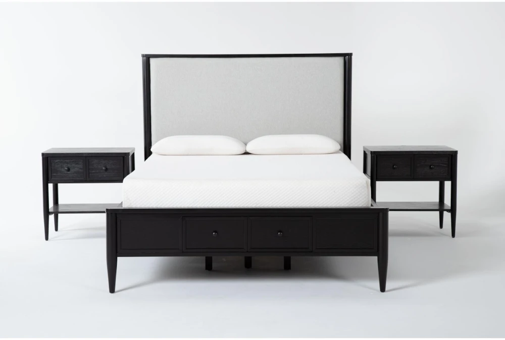 Austen Black California King Footboard Storage Wood & Upholstered Panel 3 Piece Bedroom Set With 2 1-Drawer Nightstands