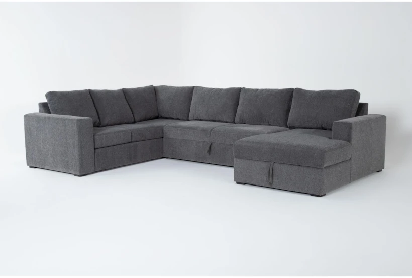 Sebastian Slate Grey Fabric 140" 3 Piece Convertible Futon Sleeper U-Shaped Sectional with Right Arm Facing Storage Chaise - 360