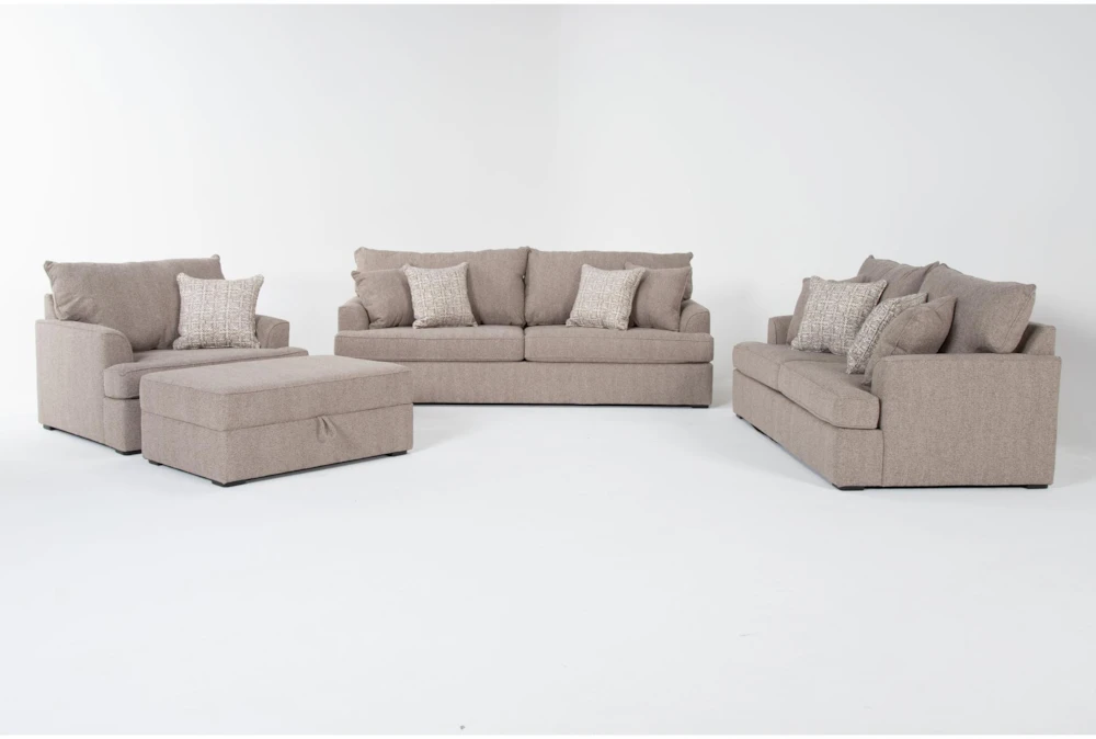 Belinha II Taupe Beige Fabric 4 Piece Sofa, Condo Sofa, Arm Chair & Ottoman Set