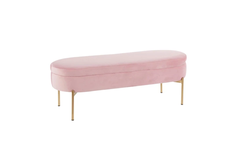 48" Modern Light Pink Velvet + Gold Metal Legs Storage Bench - 360