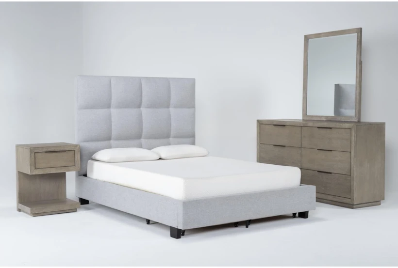 Boswell Grey King Upholstered Storage 4 Piece Bedroom Set With Pierce Natural II Dresser, Mirror & 1-Drawer Nightstand - 360