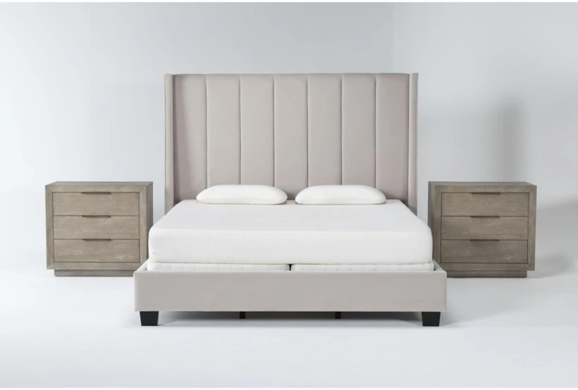 Topanga Grey California King Velvet Upholstered 3 Piece Bedroom Set With 2 Pierce Natural II 3-Drawer Nightstands - 360